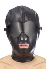 Fetish hood with strap and eye cover