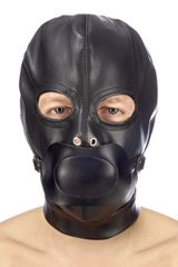 Fetish hood with strap and mouth cover