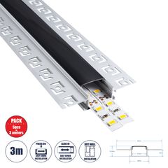 GloboStar® PLASTERBOARD-PROFILE 70820-3M Προφίλ Αλουμινίου - Βάση & Ψύκτρα Ταινίας LED με Μαύρο Φιμέ Κάλυμμα - Χωνευτή Χρήση σε Γυψοσανίδα - Trimless - Πατητό Κάλυμμα - Ασημί - 3 Μέτρα - Πακέτο 5 Τεμα