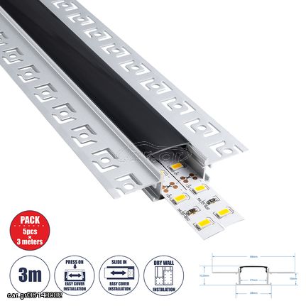 GloboStar® PLASTERBOARD-PROFILE 70820-3M Προφίλ Αλουμινίου - Βάση & Ψύκτρα Ταινίας LED με Μαύρο Φιμέ Κάλυμμα - Χωνευτή Χρήση σε Γυψοσανίδα - Trimless - Πατητό Κάλυμμα - Ασημί - 3 Μέτρα - Πακέτο 5 Τεμα