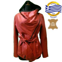 CVL001R Γυναικείο δερμάτινο Jacket με κουκούλα και ζώνη