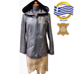 CAROLINA001 Γυναικείο δερμάτινο Jacket με κουκούλα