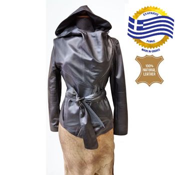 CVL001B Γυναικείο δερμάτινο Jacket με κουκούλα και ζώνη