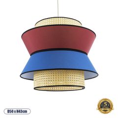 GloboStar® SAIGE 01919 Boho Κρεμαστό Φωτιστικό Μονόφωτο 1 x E27 AC220-240V IP20 - Φ50 x Υ43cm - Μπεζ Μπαμπού Πλέγμα με Κόκκινο και Μπλε Υφασμάτινο Καπέλο