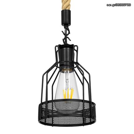 GloboStar® MASON 00881 Vintage Industrial Κρεμαστό Φωτιστικό Οροφής Μονόφωτο 1 x E27 Μαύρο με Μπεζ Σχοινί Φ15 x Y24cm