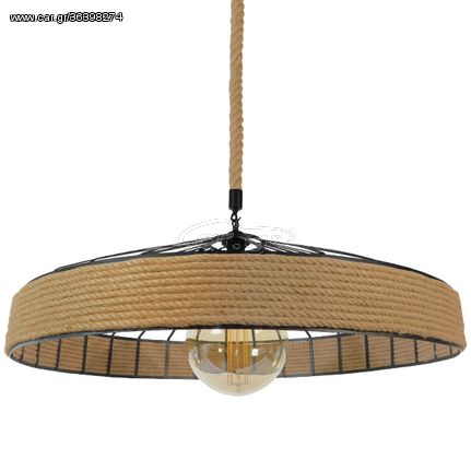 GloboStar® SAHARA 01416 Vintage Κρεμαστό Φωτιστικό Οροφής Μονόφωτο 1 x E27 Μαύρο Μεταλλικό με Μπεζ Σχοινί Φ80 x Υ25cm