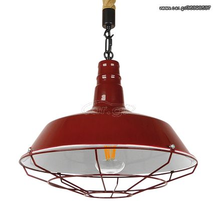 GloboStar® ISCAR 01410 Vintage Industrial Κρεμαστό Φωτιστικό Οροφής Μονόφωτο 1 x E27 Μπορντό Κόκκινο Λευκό Μεταλλικό Καμπάνα Πλέγμα με Μπεζ Σχοινί Φ36 x Υ31cm