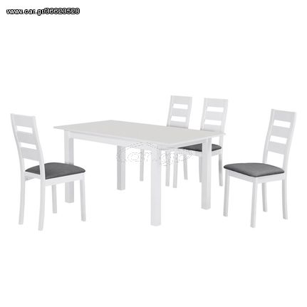 Miller set Τραπεζαρία Κουζίνας Άσπρο, Ύφασμα Γκρι : Τραπέζι Επεκτεινόμενο + 4 Καρέκλες