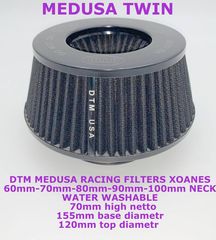 DTM ΜΑΝΙΤΑΡΙ new MEDUSA BLACK TWIN  DRY-FLOW DTM RACING DRY-FLOW FILTERS XOANES 70mm- NECK/ WATER WASHABLE not oil