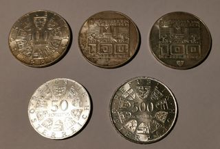 Πέντε αναμνηστικά Αυστριακά ασημένια νομίσματα. Schiling