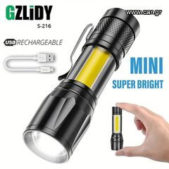Επαναφορτιζόμενος Φακός Mini COB LED με κλιπ ζώνης και πλαϊνό φως COB