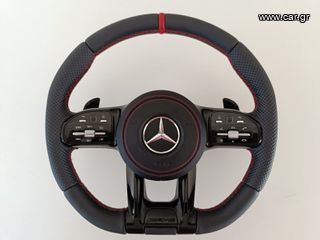 Mercedes-Benz τιμόνι γνήσιο μαύρο AMG performance καινούριο για W177 A-Class, C118 CLA-Class, W247 B-Class, H247 GLA με μαύρα paddles, κόκκινη ραφή και δερμάτινο αερόσακο