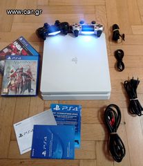 Play station 4 slim λευκό χρώμα.σε πολύ καλή κατάσταση με 2 χειριστήρια