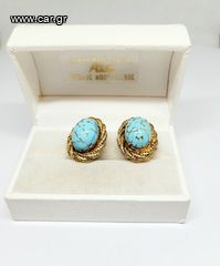 Vintage σκουλαρίκια Robins Egg Blue Marbled Glass επίχρυσα με κλιπ NY Estate Jewelry Α9026 ΤΙΜΗ 55 ΕΥΡΩ