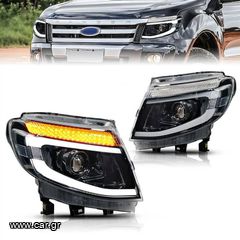 Μπροστινά Φανάρια Set Για Ford Ranger T6 2012-2015 DRL Dynamic Μαύρα Full Led Με Μοτέρ