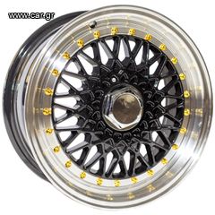 REPLICA BBS STYLE 9155 15X6.5 4X100/114.3 ET30 GLOSS BLACK MACHINED LIP + GOLD RIVETS