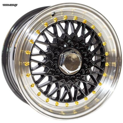 REPLICA BBS STYLE 9155 15X6.5 4X100/114.3 ET30 GLOSS BLACK MACHINED LIP + GOLD RIVETS