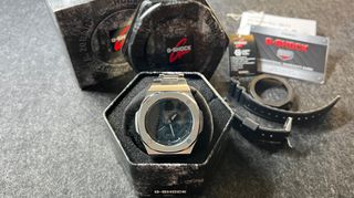 G-SHOCK Custom Casio CasiOak Watch Mod GA-2100 Silver Stainless Steel Bracelet Men Gray Black Kit Analog Digital Ανδρικό Ρολόι Μεταλλικό Μπρασελέ