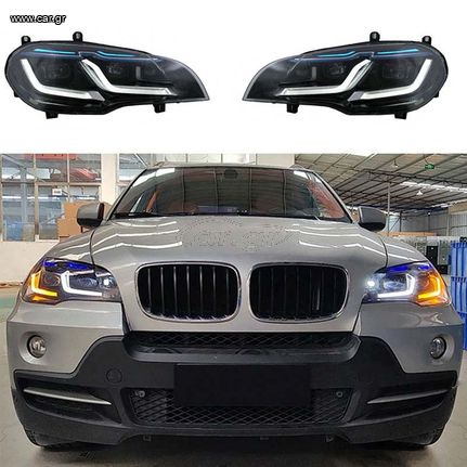 Μπροστινά Φανάρια Set Για Bmw X5 E70 07-14 Double L LED Bar Μαύρα Upgrade Xenon To Led Με Μοτέρ