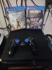 PS4-SLIM ΚΟΜΠΛΕ ΚΑΛΩΔΙΑ 1 ΚΟΝΤΡΟΛ ΚΑΘΑΡΙΣΜΕΝΗ ΜΕ 2 GAMES ASSASSINS CREED ODYSSEY-CALL OF DUTY WW2