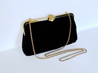 LA BAGAGERIE Jean Marlaix Paris Βραδυνή Βελούδινη Τσάντα Vintage Αφόρετη - Black Velvet Dress Bag-thumb-3