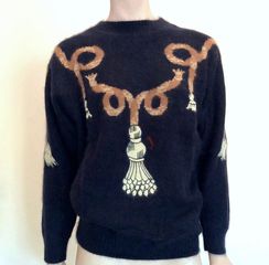 MONDI Γυναικείο Πουλόβερ Ανκορά Μάλλινο με Στάμπα - Angora Knit Sweater with Tassels Print & Embroidery - Size S/M