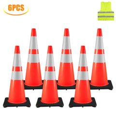 VEVOR 6Pack 36\" Traffic Cones, Safety Road Parking Cone with Black Weighted Base, PVC Orange Traffic Safety Cones, Hazard Cones Reflektive Collars for Construction Traffic Parking