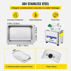 VEVOR 0.8L Ultrasonic Cleaners Ψηφιακός θερμαντήρας χρονοδιακόπτης για καθαρισμό κοσμημάτων Καθαρισμός γυαλιών 35W από ανοξείδωτο χάλυβα για επαγγελματική προσωπική οικιακή χρήση-thumb-4