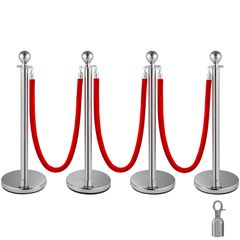 VEVOR 4 Pack Αναδιπλούμενο Ασημί στρογγυλό επάνω μέρος Stanchion Post Queue Στύλοι πλήθους ελέγχου Στύλους γραμμής με 1,5M Red 2 Velvet Rope