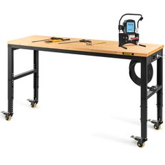 Πάγκος εργασίας VEVOR Ρυθμιζόμενο ύψος, 122cm ΠΧ 61cm DX 104cm Υ Τραπέζι γκαράζ με 79 – 104 cm Ύψος & Χωρητικότητα 720KG, με πρίζες & σκληρό ξύλο πάνω & μεταλλικό πλαίσιο & περιστρεφόμενους τροχούς, γ