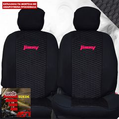 SUZUKI JIMNY ΚΑΛΛΥΜΑΤΑ ΥΦΑΣΜΑΤΙΝΑ SUEDE ΜΑΥΡΑ - ΜΑΥΡΗ ΡΑΦΗ ΜΕ ΡΟΖ ΚΕΝΤΗΜΑ JIMNY ΣΕΤ 2ΤΜΧ