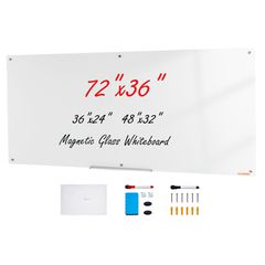Λευκός πίνακας VEVOR Magnetic Glass, Dry Erase Board 72"x36", Μεγάλη Λευκή Γυάλινη Πίνακας τοίχου χωρίς πλαίσιο, με δίσκο μαρκαδόρου, γόμα και 2 μαρκαδόρους, λευκό