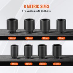 VEVOR Axle Nut Impact Socket Socket 1/2" Drive Deep 12 Point 8PCS Metric Nut Socket-thumb-2