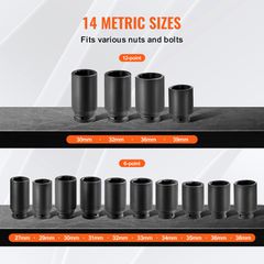 VEVOR Axle Nut Impact Socket Socket 1/2" Drive Deep 6+12 Point 14PCS Metric Socket-thumb-2