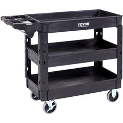 VEVOR Utility Service Cart, 3 Shelf 550LBS Heavy Duty Plastic Rolling Utility Cart με περιστρεφόμενους τροχούς 360° (2 με φρένα), ράφι μεσαίου χείλους, εργονομική λαβή αποθήκευσης για αποθήκη/Γκαράζ/Κ