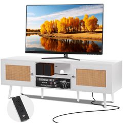 Βάση τηλεόρασης VEVOR Rattan για βάση τηλεόρασης Boho 65" με ενσωματωμένη υποδοχή Λευκό