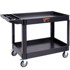 VEVOR Utility Service Cart, 2 Shelf 550LBS Heavy Duty Plastic Rolling Utility Cart με περιστρεφόμενους τροχούς 360° (2 με φρένα), μεγάλο ράφι με χείλη, εργονομική λαβή αποθήκευσης για αποθήκη/Γκαράζ/Κ