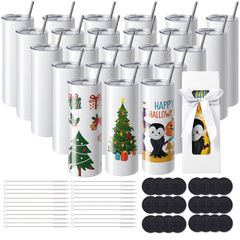 VEVOR 24 Pack ίσια ποτήρια εξάχνωσης, 20 ουγκιές κενό ποτηράκι χύμα, ανοξείδωτο ατσάλι διπλού τοιχώματος ποτηράκια με άχυρο, καπάκι, βούρτσα, βάση, συρρικνωμένο περιτύλιγμα, κουτί δώρου, για πίεση θερ