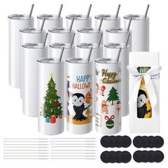 VEVOR 16 Pack ίσια ποτήρια εξάχνωσης, 20 ουγκιές κενό ποτηράκι χύδην, από ανοξείδωτο χάλυβα διπλού τοιχώματος ποτηράκια με άχυρο, καπάκι, βούρτσα, βάση, συρρικνωμένο περιτύλιγμα, κουτί δώρου, για πίεσ