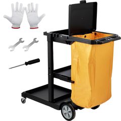 VEVOR Cleaning Cart, 3-ράφι Εμπορικό καλάθι φύλαξης, χωρητικότητας 200 lbs Πλαστικό καρότσι καθαρισμού, με τσάντα και κάλυμμα PVC 25 γαλονιών, 47" x 20" x 38,6", κίτρινο+μαύρο