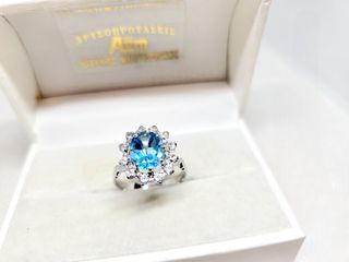 Δαχτυλίδι Ροζέτα λευκόχρυσο Κ14 με Aquamarine πέτρα και ζιργκόν Α90916 ΤΙΜΗ 380 ΕΥΡΩ
