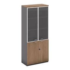 WOODWELL PROLINE Βιβλιοθήκη Γραφείου, 3 Ράφια Πόρτες Γυαλί, Ντουπάπι, Απόχρωση Καρυδί Δρυς - Μαύρο 80x40x200cm ΕΟ968