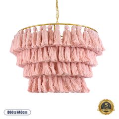 Boho Κρεμαστό Φωτιστικό Σχοινί Μονόφωτο 1 x E27 IP20 Ροζ Ύφασμα με Χρυσό Μέταλλο - Μ60 x Π60 x Υ40cm