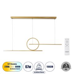 Κρεμαστό Φωτιστικό Οροφής Design LED CCT 67W 7504lm 300° AC 220-240V - Εναλλαγή Φωτισμού μέσω Τηλεχειριστηρίου All In One Ψυχρό 6000k+Φυσικό 4500k+Θερμό 2700k Dimmable Μ110 x Π4.5 x Υ34cm - Χρυσό Πλατ