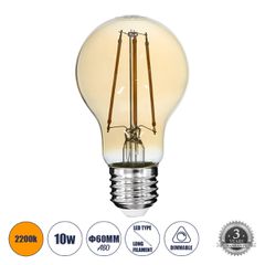 Λάμπα LED Long Filament E27 A60 Γλόμπος 10W 900lm 360° AC 220-240V IP20 Φ6 x Υ10.5cm Ultra Θερμό Λευκό 2200K με Μελί Γυαλί - Dimmable - 3 Χρόνια Εγγύηση