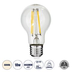 Λάμπα LED Long Filament E27 A60 Γλόμπος 10W 1100lm 360° AC 220-240V IP20 Φ6 x Υ10.5cm Φυσικό Λευκό 4000K με Διάφανο Γυαλί - Dimmable - 3 Χρόνια Εγγύηση
