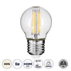Λάμπα LED Long Filament E27 G45 Γλομπάκι 6W 660lm 360° AC 220-240V IP20 Φ4.5 x Υ7.5cm Φυσικό Λευκό 4000K με Διάφανο Γυαλί - Dimmable - 3 Years Warranty