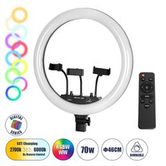 Professional Digital Ring Light Φ46cm LED SMD 70W 7000lm 180° AC 230V με Καλώδιο Τροφοδοσίας Πρίζας - Ασύρματο Χειριστήριο RF 2.4Ghz Εναλλαγής Χρωμάτων & 3 Βάσεις Τηλεφώνου - Πολύχρωμο RGBW+WW Dimmabl