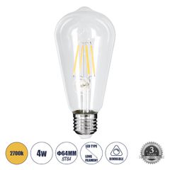 Λάμπα LED Long Filament E27 ST64 Αχλάδι 4W 400lm 360° AC 220-240V IP20 Φ6.4 x Υ14cm Θερμό Λευκό 2700K με Διάφανο Γυαλί Dimmable - 3 Χρόνια Εγγύηση