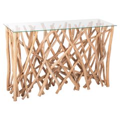 Κονσόλα σε ρουστίκ στυλ μασίφ Teak ξύλο & γυαλί φυσικό 120x35x75Υcm